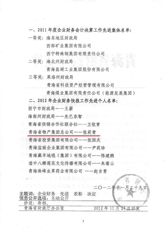 物產(chǎn)集團(tuán)榮獲2011年度財(cái)務(wù)決算先進(jìn)單位、2012年度財(cái)務(wù)快報(bào)工作先進(jìn)個(gè)人表彰